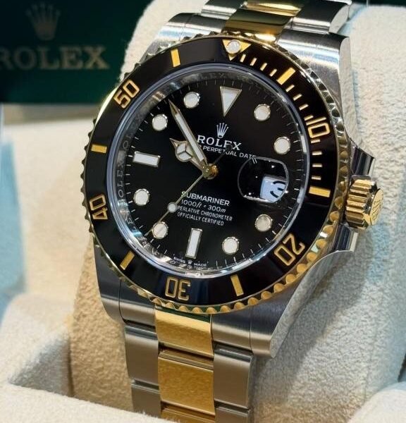 ROLEX SUBRAMINE 2 TON SILVER GOLD CHAIN BLACK DIAL PREMIUM QUALITY