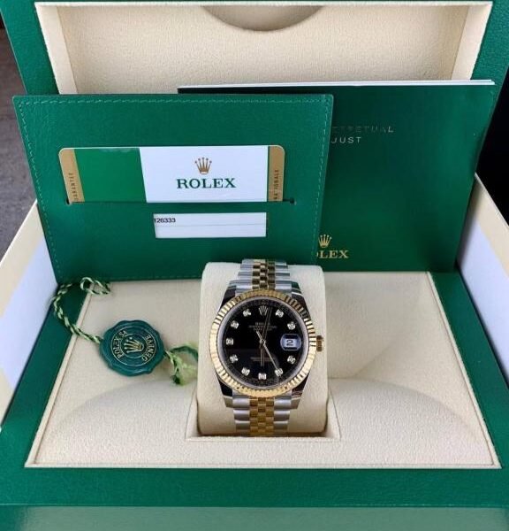 Rolex Oyster Perpetual Date Just Diamond 2Ton Gold Black